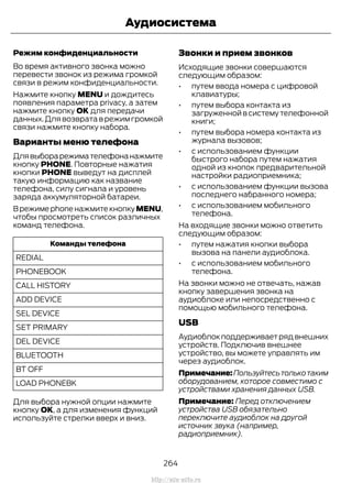 Режим конфиденциальности
Во время активного звонка можно
перевести звонок из режима громкой
связи в режим конфиденциальности.
Нажмите кнопку MENU и дождитесь
появления параметра privacy, а затем
нажмите кнопку OK для передачи
данных.Для возврата в режим громкой
связи нажмите кнопку набора.
Варианты меню телефона
Длявыборарежимателефонанажмите
кнопку PHONE. Повторные нажатия
кнопки PHONE выведут на дисплей
такую информацию как название
телефона, силу сигнала и уровень
заряда аккумуляторной батареи.
В режиме phone нажмите кнопку MENU,
чтобы просмотреть список различных
команд телефона.
Команды телефона
REDIAL
PHONEBOOK
CALL HISTORY
ADD DEVICE
SEL DEVICE
SET PRIMARY
DEL DEVICE
BLUETOOTH
BT OFF
LOAD PHONEBK
Для выбора нужной опции нажмите
кнопку OK, а для изменения функций
используйте стрелки вверх и вниз.
Звонки и прием звонков
Исходящие звонки совершаются
следующим образом:
• путем ввода номера с цифровой
клавиатуры;
• путем выбора контакта из
загруженной в систему телефонной
книги;
• путем выбора номера контакта из
журнала вызовов;
• с использованием функции
быстрого набора путем нажатия
одной из кнопок предварительной
настройки радиоприемника;
• с использованием функции вызова
последнего набранного номера;
• с использованием мобильного
телефона.
На входящие звонки можно ответить
следующим образом:
• путем нажатия кнопки выбора
вызова на панели аудиоблока.
• с использованием мобильного
телефона.
На звонки можно не отвечать, нажав
кнопку завершения звонка на
аудиоблоке или непосредственно с
помощью мобильного телефона.
USB
Аудиоблокподдерживаетрядвнешних
устройств. Подключив внешнее
устройство, вы можете управлять им
через аудиоблок.
Примечание:Пользуйтесьтолькотаким
оборудованием, которое совместимо с
устройствами хранения данных USB.
Примечание: Перед отключением
устройства USB обязательно
переключите аудиоблок на другой
источник звука (например,
радиоприемник).
264
Transit (TTG) Vehicles Built From: 19-06-2014, EK3J-19A321-AXA (CG3612ruRUS) ruRUS, Edition date: 04/2014, First Printing
Аудиосистема
http://ava-avto.ru
 
