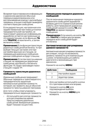 Вовремятранслированияинформации
о дорожном движении обычные
передачи радиоприемника или
воспроизведениекомпакт-дисковбудут
прерваны,анадисплейбудетвыведено
соответствующее сообщение.
Если радиостанция, настроенная или
задействованная при помощи кнопки
предварительной настройки, не
транслирует дорожную информацию,
аудиоблок остается настроенным на
эту радиостанцию, если функции TA
или TRAFFIC не выключить, а затем
включить снова.
Примечание:Еслифункциятрансляции
дорожных сообщений включена, то при
выборе текущих настроек или при
настройке вручную на станцию, не
передающую дорожные сообщения,
данные сообщения не будут слышны.
Примечание: Если при прослушивании
станций, не передающих дорожные
сообщения, выключить и включить
функцию ТА, будет произведен поиск
станций с кодом ТР.
Громкость трансляции дорожных
сообщений
Дорожные сообщения прерывают
обычные передачи и транслируются с
предварительно заданным
минимальным уровнем громкости,
который, как правило, выше обычной
громкости прослушивания программ.
Для того чтобы отрегулировать
предварительно заданную громкость:
• Используйте регулятор громкости
для регулировки во время
прослушивания дорожных
сообщений. Выбранный уровень
будет показан на дисплее.
Прекращение передачи дорожных
сообщений
После окончания передачи каждого
дорожного сообщения аудиоблок
возвращается в нормальный режим
работы. Для прерывания дорожных
сообщений нажмите кнопку TA или
TRAFFIC во время передачи
сообщения.
Примечание: Если нажать на кнопку TA
или TRAFFIC в любое другое время,
передача всех сообщений будет
отключена.
Автоматическая регулировка
уровня громкости
Автоматическаярегулировкагромкости
регулирует, когда это возможно,
уровень громкости для компенсации
шумов, сопровождающих работу
двигателя и возникающих при
движении.
Нажмите на кнопку MENU.
СообщениеДействие
Настройки аудио1
Адаптор громк.2
1. Для настройки используйте кнопки
со стрелками влево или вправо.
2. Нажмите кнопку OK для
подтверждения выбора.
3. Нажмите на кнопку MENU для
возврата.
286
Transit (TTG) Vehicles Built From: 19-06-2014, EK3J-19A321-AXA (CG3612ruRUS) ruRUS, Edition date: 04/2014, First Printing
Аудиосистема
http://ava-avto.ru
 