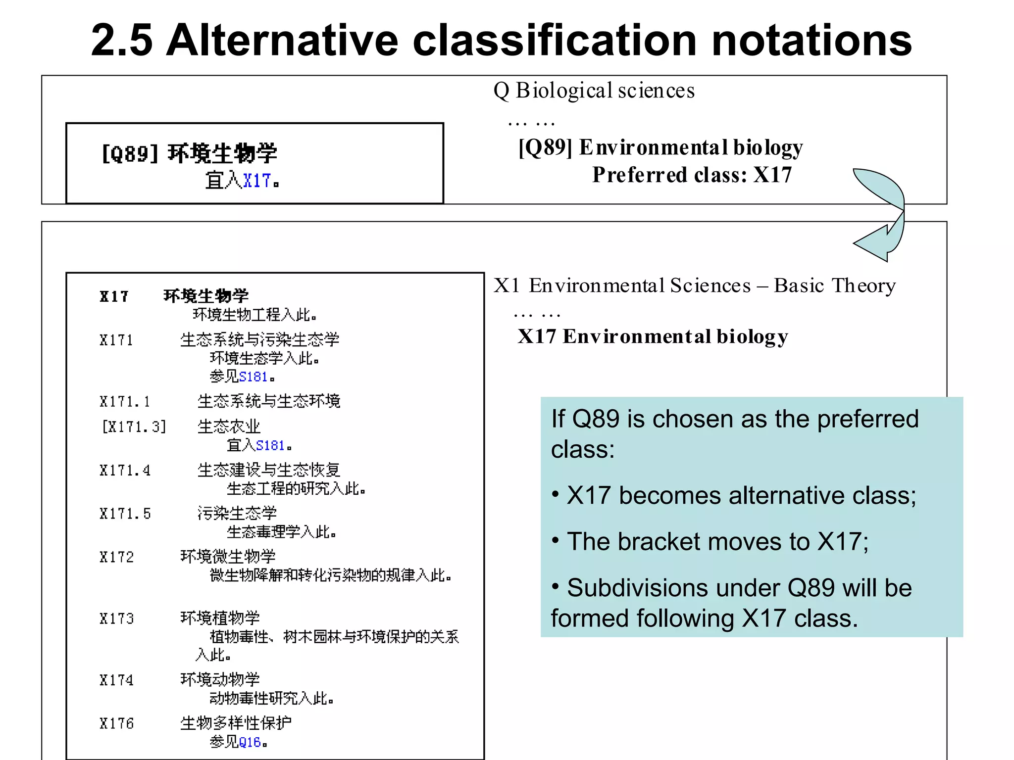 2.5  Alternative classification notations   If  Q89 is chosen as the preferred class: X17 becomes alternative class; The bracket moves to X17; Subdivisions under Q89 will be formed following X17 class.  