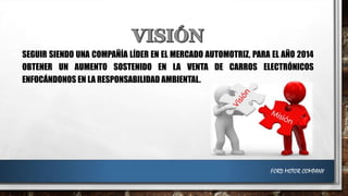 SEGUIR SIENDO UNA COMPAÑÍA LÍDER EN EL MERCADO AUTOMOTRIZ, PARA EL AÑO 2014
OBTENER UN AUMENTO SOSTENIDO EN LA VENTA DE CARROS ELECTRÓNICOS
ENFOCÁNDONOS EN LA RESPONSABILIDAD AMBIENTAL.

FORD MOTOR COMPANY

 