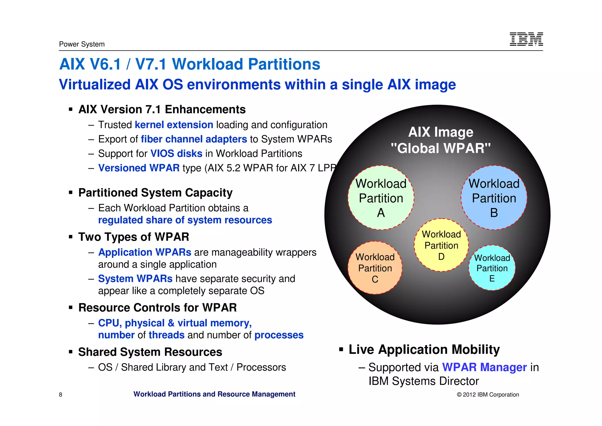 Power System


AIX V6.1 / V7.1 Workload Partitions
Virtualized AIX OS environments within a single AIX image
     AIX Version 7.1 Enhancements
       –   Trusted kernel extension loading and configuration
       –   Export of fiber channel adapters to System WPARs
                                                                           AIX Image
       –   Support for VIOS disks in Workload Partitions                 "Global WPAR"
       –   Versioned WPAR type (AIX 5.2 WPAR for AIX 7 LPP)
                                                                 Workload                Workload
     Partitioned System Capacity
                                                                 Partition               Partition
       – Each Workload Partition obtains a
                                                                    A                       B
         regulated share of system resources
     Two Types of WPAR                                                       Workload
                                                                             Partition
       – Application WPARs are manageability wrappers            Workload       D         Workload
         around a single application                             Partition                Partition
       – System WPARs have separate security and                    C                        E
         appear like a completely separate OS
     Resource Controls for WPAR
       – CPU, physical & virtual memory,
         number of threads and number of processes
     Shared System Resources                                    Live Application Mobility
       – OS / Shared Library and Text / Processors               – Supported via WPAR Manager in
                                                                   IBM Systems Director
8                 Workload Partitions and Resource Management                        © 2012 IBM Corporation
 
