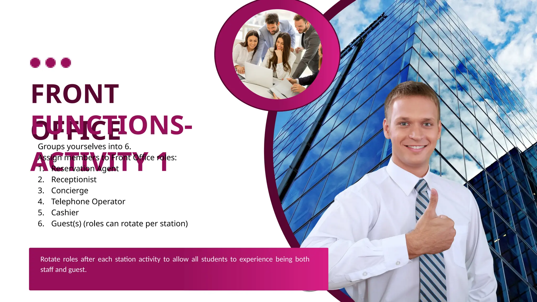 FRONT
OFFICE
FUNCTIONS-
ACTIVITY 1
Groups yourselves into 6.
Assign members to Front Office roles:
1. Reservation Agent
2. Receptionist
3. Concierge
4. Telephone Operator
5. Cashier
6. Guest(s) (roles can rotate per station)
Rotate roles after each station activity to allow all students to experience being both
staff and guest.
 
