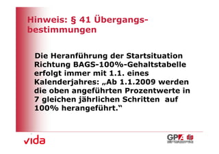 Hinweis: § 41 Übergangs-
bestimmungen


 Die Heranführung der Startsituation
 Richtung BAGS-100%-Gehaltstabelle
 erfolgt immer mit 1.1. eines
 Kalenderjahres: „Ab 1.1.2009 werden
 die oben angeführten Prozentwerte in
 7 gleichen jährlichen Schritten auf
 100% herangeführt.“



                                        18
 
