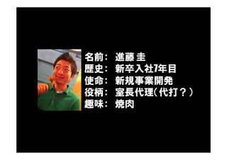 名前： 進藤 圭
歴史： 新卒入社7年目
使命： 新規事業開発
役柄： 室長代理（代打？）
趣味： 焼肉
 