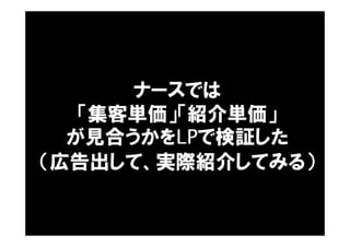 ナースでは
「集客単価」「紹介単価」
が見合うかをLPで検証した
（広告出して、実際紹介してみる）
 