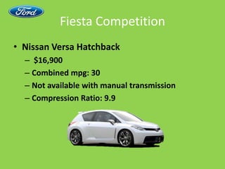 Fiesta CompetitionNissan Versa Hatchback $16,900Combined mpg: 30Not available with manual transmissionCompression Ratio: 9.9