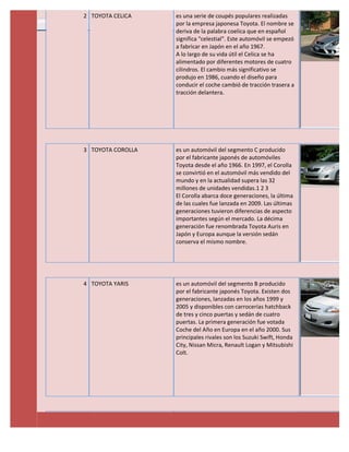 2 TOYOTA CELICA    es una serie de coupés populares realizadas
                   por la empresa japonesa Toyota. El nombre se
                   deriva de la palabra coelica que en español
                   significa "celestial". Este automóvil se empezó
                   a fabricar en Japón en el año 1967.
                   A lo largo de su vida útil el Celica se ha
                   alimentado por diferentes motores de cuatro
                   cilindros. El cambio más significativo se
                   produjo en 1986, cuando el diseño para
                   conducir el coche cambió de tracción trasera a
                   tracción delantera.




3 TOYOTA COROLLA   es un automóvil del segmento C producido
                   por el fabricante japonés de automóviles
                   Toyota desde el año 1966. En 1997, el Corolla
                   se convirtió en el automóvil más vendido del
                   mundo y en la actualidad supera las 32
                   millones de unidades vendidas.1 2 3
                   El Corolla abarca doce generaciones, la última
                   de las cuales fue lanzada en 2009. Las últimas
                   generaciones tuvieron diferencias de aspecto
                   importantes según el mercado. La décima
                   generación fue renombrada Toyota Auris en
                   Japón y Europa aunque la versión sedán
                   conserva el mismo nombre.




4 TOYOTA YARIS     es un automóvil del segmento B producido
                   por el fabricante japonés Toyota. Existen dos
                   generaciones, lanzadas en los años 1999 y
                   2005 y disponibles con carrocerías hatchback
                   de tres y cinco puertas y sedán de cuatro
                   puertas. La primera generación fue votada
                   Coche del Año en Europa en el año 2000. Sus
                   principales rivales son los Suzuki Swift, Honda
                   City, Nissan Micra, Renault Logan y Mitsubishi
                   Colt.
 