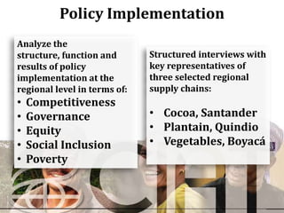 Policy Implementation
Analyze the
structure, function and       Structured interviews with
results of policy             key representatives of
implementation at the         three selected regional
regional level in terms of:   supply chains:
•   Competitiveness
•   Governance                • Cocoa, Santander
•   Equity                    • Plantain, Quindio
•   Social Inclusion          • Vegetables, Boyacá
•   Poverty
 
