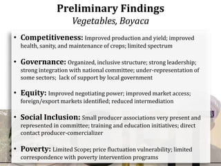 Preliminary Findings
                     Vegetables, Boyaca
• Competitiveness: Improved production and yield; improved
  health, sanity, and maintenance of crops; limited spectrum

• Governance: Organized, inclusive structure; strong leadership;
  strong integration with national committee; under-representation of
  some sectors; lack of support by local government

• Equity: Improved negotiating power; improved market access;
  foreign/export markets identified; reduced intermediation

• Social Inclusion: Small producer associations very present and
  represented in committee; training and education initiatives; direct
  contact producer-comercializer

• Poverty: Limited Scope; price fluctuation vulnerability; limited
  correspondence with poverty intervention programs
 
