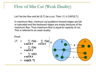 Flow of Min Cut (Weak Duality)
Let f be the flow and let (S,T) be a cut. Then | f | ≤ CAP(S,T).
In maximum flow, minimum cut problems forward edges are full
or saturated and the backward edges are empty because of the
maximum flow. Thus maximum flow is equal to capacity of cut.
This is referred to as weak duality.
0
Proof :
s
t
S T
7
8
 