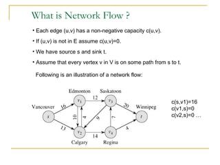 What is Network Flow ?
• Each edge (u,v) has a non-negative capacity c(u,v).
• If (u,v) is not in E assume c(u,v)=0.
• We have source s and sink t.
• Assume that every vertex v in V is on some path from s to t.
Following is an illustration of a network flow:
c(s,v1)=16
c(v1,s)=0
c(v2,s)=0 …
 