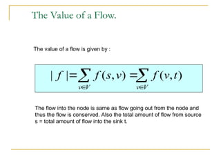 The Value of a Flow.
The value of a flow is given by :
The flow into the node is same as flow going out from the node and
thus the flow is conserved. Also the total amount of flow from source
s = total amount of flow into the sink t.

 



V
v
V
v
t
v
f
v
s
f
f )
,
(
)
,
(
|
|
 