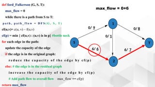 def ford_Fulkerson (G, S, T):
max_flow = 0
while there is a path from S to T:
p a t h , p a t h _ f l o w = D F S ( G , S , T )
cf(u,v)= c(u, v) – f(u,v)
cf(p) = min { cf(u,v) : (u,v) is in p} #bottle neck
for each edge in the path:
update the capacity of the edge
if the edge is in the original graph:
r e d u c e t h e c a p a c i t y o f t h e e d g e b y c f ( p )
else: # the edge is in the residual graph
i n c r e a s e t h e c a p a c i t y o f t h e e d g e b y c f ( p )
# Add path flow to overall flow max_flow += cf(p)
return max_flow
S
1
2
T
0/ 9
0/ 1
6/ 7
6/ 6
0/ 8
max_flow = 0+6
 