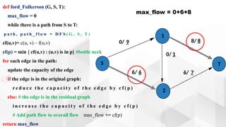 def ford_Fulkerson (G, S, T):
max_flow = 0
while there is a path from S to T:
p a t h , p a t h _ f l o w = D F S ( G , S , T )
cf(u,v)= c(u, v) – f(u,v)
cf(p) = min { cf(u,v) : (u,v) is in p} #bottle neck
for each edge in the path:
update the capacity of the edge
if the edge is in the original graph:
r e d u c e t h e c a p a c i t y o f t h e e d g e b y c f ( p )
else: # the edge is in the residual graph
i n c r e a s e t h e c a p a c i t y o f t h e e d g e b y c f ( p )
# Add path flow to overall flow max_flow += cf(p)
return max_flow
max_flow = 0+6+8
0/ 9
0/ 1
6/ 7
6/ 6
S
1
2
T
8/ 8
 