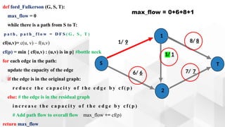 def ford_Fulkerson (G, S, T):
max_flow = 0
while there is a path from S to T:
p a t h , p a t h _ f l o w = D F S ( G , S , T )
cf(u,v)= c(u, v) – f(u,v)
cf(p) = min { cf(u,v) : (u,v) is in p} #bottle neck
for each edge in the path:
update the capacity of the edge
if the edge is in the original graph:
r e d u c e t h e c a p a c i t y o f t h e e d g e b y c f ( p )
else: # the edge is in the residual graph
i n c r e a s e t h e c a p a c i t y o f t h e e d g e b y c f ( p )
# Add path flow to overall flow max_flow += cf(p)
return max_flow
max_flow = 0+6+8+1
1/ 9
1/ 1
7/ 7
6/ 6
S
1
2
T
8/ 8
 