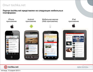 Опыт	
  tochka.net
  Портал tochka.net представлен на следующих мобильных
  платформах:


        iPhone                 Android    Мобильная версия       iPad
      приложение             приложение   (Web приложение)   приложение




пятница, 13 апреля 2012 г.
 