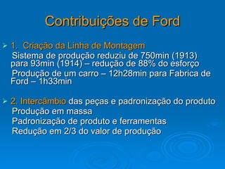 Contribuições de Ford 1.  Criação da Linha de Montagem Sistema de produção reduziu de 750min (1913) para 93min (1914) – redução de 88% do esforço Produção de um carro – 12h28min para Fabrica de Ford – 1h33min  2. Intercâmbio  das peças e padronização do produto  Produção em massa  Padronização de produto e ferramentas Redução em 2/3 do valor de produção  