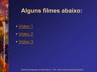 Fotos
Antigas
da
Ford
Motor
Company
–
Highland
Park
Sistemas Integrados de Manufatura – Prof. João Carlos Espíndola Ferreira
Alguns filmes abaixo:
• Video 1
• Video 2
• Video 3
 