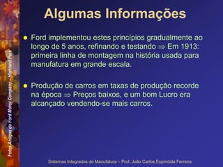 Fotos
Antigas
da
Ford
Motor
Company
–
Highland
Park
Sistemas Integrados de Manufatura – Prof. João Carlos Espíndola Ferreira
Algumas Informações
 Ford implementou estes princípios gradualmente ao
longo de 5 anos, refinando e testando  Em 1913:
primeira linha de montagem na história usada para
manufatura em grande escala.
 Produção de carros em taxas de produção recorde
na época  Preços baixos, e um bom Lucro era
alcançado vendendo-se mais carros.
 