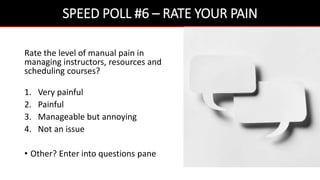 SPEED POLL #6 – RATE YOUR PAIN
Rate the level of manual pain in
managing instructors, resources and
scheduling courses?
1. Very painful
2. Painful
3. Manageable but annoying
4. Not an issue
• Other? Enter into questions pane
 