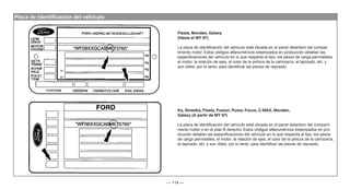 — 114 —
Placa de identificación del vehículo
Fiesta, Mondeo, Galaxy
(Hasta el MY 97)
La placa de identificación del vehículo está situada en el panel delantero del compar-
timento motor. Estos códigos alfanuméricos estampados en producción detallan las
especificaciones del vehículo en lo que respecta al tipo, los pesos de carga permisibles,
el motor, la relación de ejes, el color de la pintura de la carrocería, el tapizado, etc. y
son útiles, por lo tanto, para identificar las piezas de repuesto.
Ka, Streetka, Fiesta, Fusion, Puma, Focus, C-MAX, Mondeo,
Galaxy (A partir de MY 97)
La placa de identificación del vehículo está situada en el panel delantero del comparti-
mento motor o en el pilar B derecho. Estos códigos alfanuméricos estampados en pro-
ducción detallan las especificaciones del vehículo en lo que respecta al tipo, los pesos
de carga permisibles, el motor, la relación de ejes, el color de la pintura de la carrocería,
el tapizado, etc. y son útiles, por lo tanto, para identificar las piezas de repuesto.
 