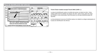 — 115 —
Placa de identificación del vehículo
Transit (Todos modelos excepto Transit 2006.5 (04/06 - ))
La placa de identificación está en el estribo del acomp. en todos los vehíc.. Estos
códigos alfanuméricos detallan las especif. del vehíc. sobre el tipo, pesos de carga
permisibles y comp. adicionales. Esta información es útil para identificar piezas de
repuesto.
La documentación de servicio (FordEtis) explica con detalle los códigos estampados en
la placa de identificación del vehículo.
 