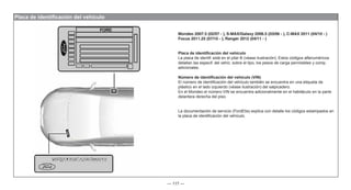 — 117 —
Placa de identificación del vehículo
Mondeo 2007.5 (02/07 - ), S-MAX/Galaxy 2006.5 (03/06 - ), C-MAX 2011 (04/10 - )
Focus 2011.25 (07/10 - ), Ranger 2012 (04/11 - )
Placa de identificación del vehículo
La placa de identif. está en el pilar B (véase ilustración). Estos códigos alfanuméricos
detallan las especif. del vehíc. sobre el tipo, los pesos de carga permisibles y comp.
adicionales.
Número de identificación del vehículo (VIN)
El número de identificación del vehículo también se encuentra en una etiqueta de
plástico en el lado izquierdo (véase ilustración) del salpicadero.
En el Mondeo el número VIN se encuentra adicionalmente en el habitáculo en la parte
delantera derecha del piso.
La documentación de servicio (FordEtis) explica con detalle los códigos estampados en
la placa de identificación del vehículo.
 