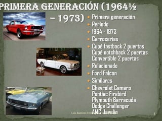         Primera generación
                Período
                1964 - 1973
                Carrocerías
                Cupé fastback 2 puertas
                 Cupé notchback 2 puertas
                 Convertible 2 puertas
              Relacionado
              Ford Falcon
              Similares
              Chevrolet Camaro
                 Pontiac Firebird
                 Plymouth Barracuda
                 Dodge Challenger
Luis Ramirez Ferrusquia Javelin
                 AMC 04/06/2012             3
 