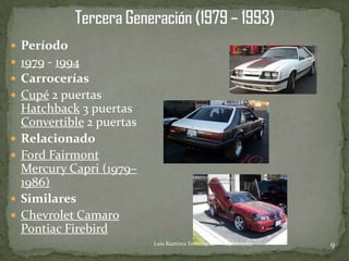 Período
 1979 - 1994
 Carrocerías
 Cupé 2 puertas
    Hatchback 3 puertas
    Convertible 2 puertas
   Relacionado
   Ford Fairmont
    Mercury Capri (1979–
    1986)
   Similares
   Chevrolet Camaro
    Pontiac Firebird
                            Luis Ramirez Ferrusquia   04/06/2012   9
 