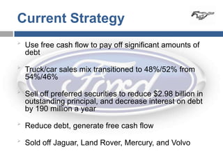 Current Strategy

    Use free cash flow to pay off significant amounts of
    debt

    Truck/car sales mix transitioned to 48%/52% from
    54%/46%

    Sell off preferred securities to reduce $2.98 billion in
    outstanding principal, and decrease interest on debt
    by 190 million a year

    Reduce debt, generate free cash flow

    Sold off Jaguar, Land Rover, Mercury, and Volvo
 