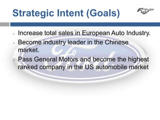 Strategic Intent (Goals)
   Increase total sales in European Auto Industry.
   Become industry leader in the Chinese
    market.
   Pass General Motors and become the highest
    ranked company in the US automobile market
 
