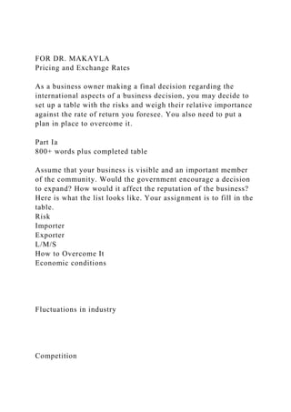 FOR DR. MAKAYLA
Pricing and Exchange Rates
As a business owner making a final decision regarding the
international aspects of a business decision, you may decide to
set up a table with the risks and weigh their relative importance
against the rate of return you foresee. You also need to put a
plan in place to overcome it.
Part Ia
800+ words plus completed table
Assume that your business is visible and an important member
of the community. Would the government encourage a decision
to expand? How would it affect the reputation of the business?
Here is what the list looks like. Your assignment is to fill in the
table.
Risk
Importer
Exporter
L/M/S
How to Overcome It
Economic conditions
Fluctuations in industry
Competition
 