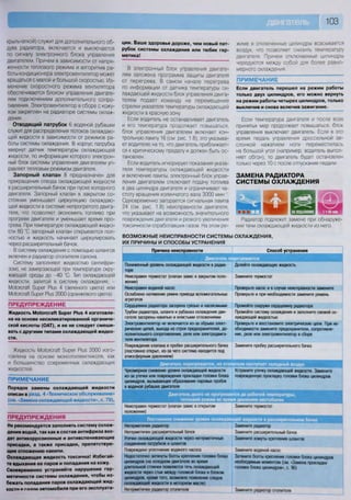 103
крыльчаткой) служит для дополнительного об-
дува радиатора, включается и выключается
по сигналу электронного блока управления
двигателем. Причем в зависимости от напря-
женности теплового режима и алгоритма ра-
боты кондиционера электровентилятор может
вращаться с малой и большой скоростью. Из-
менение скоростного режима вентилятора
обеспечивается блоком управления двигате-
лем подключением дополнительного сопро-
тивления. Электровентилятор в сборе с кожу-
хом закреплен на радиаторе системы охлаж-
дения.
Отводящий патрубок 6 водяной рубашки
служит для распределения потоков охлаждаю-
щей жидкости в зависимости от режимов ра-
боты системы охлаждения. В корпус патрубка
ввернут датчик температуры охлаждающей
жидкости, по информации которого электрон-
ный блок системы управления двигателем уп-
равляет тепловым режимом двигателя.
Запорный клапан 8 предназначен для
прекращения отвода охлаждающей жидкости
в расширительный бачок при пуске холодного
двигателя. Запорный клапан в закрытом со-
стоянии уменьшает циркуляцию охлаждаю-
щей жидкости в системе непрогретого двига-
теля, что позволяет экономить топливо при
прогреве двигателя и уменьшает время про-
грева. При температуре охлаждающей жидко-
сти 80 °С запорный клапан открывается пол-
ностью и жидкость начинает циркулировать
через расширительный бачок.
В систему охлаждения с помощью шлангов
включен и радиатор отопителя салона.
Систему заполняют жидкостью (антифри-
зом), не замерзающей при температуре окру-
жающей среды до -40 "С. Тип охлаждающей
жидкости, залитой в систему охлаждения, -
Мо(огсгаН Зирег Р1из 4 (зеленого цвета) ИЛИ
Мо1огсгаЙ Зирег Р1из 2000 (оранжевого цвета).
ПРЕДУПРЕЖДЕНИЕ
ЖИДКОСТЬ Мо*огсгаП Зирег Р1из 4 изготовле-
на на основе несиликатированной органиче-
ской кислоты (ОАТ), и ее не следует смеши-
вать с другими типами охлаждающей жидко-
сти.
Жидкость Мо1огсгаЙ Зирег Р1из 2000 изго-
товлена на основе моноэтиленгликоля, как
и большинство современных охлаждающих
жидкостей.
ПРИМЕЧАНИЕ
Порядок замены охлаждающей жидкости
описан в разд. 4 «Техническое обслуживание»
(см. «Замена охлаждающей жидкости», с. 79).
ПРЕДУПРЕЖДЕНИЯ
Не рекомендуется заполнять систему охлаж-
дения водой, так как в состав антифриза вхо-
дят антикоррозионные и антивспенивающие
присадки, а также присадки, препятствую-
щие отложению накипи.
Охлаждающая жидкость токсична! Избегай-
те вдыхания ее паров и попадания на кожу.
Своевременно устраняйте нарушение гер-
метичности системы охлаждения, чтобы из-
бежать попадания паров охлаждающей жид-
кости • ГЙЛПН автомобиля при его эксплуата-
ции. Ваше здоровье дороже, чем новый пат-
рубок системы охлаждения или тюбик гер-
метика!
В электронный блок управления двигате-
лем заложена программа защиты двигателя
от перегрева. В самом начале перегрева
по информации от датчика температуры ох-
лаждающей жидкости блок управления двига-
телем подает команду на перемещение
стрелки указателя температуры охлаждающей
жидкости в красную зону.
Если водитель не останавливает двигатель
и его температура продолжает повышаться,
блок управления двигателем включает кон-
трольную лампу 16 (см. рис. 1.8), это указыва-
ет водителю на то, что двигатель приближает-
ся к критическому пределу и должен быть ос-
тановлен.
Если водитель игнорирует показания указа-
теля температуры охлаждающей жидкости
и включение лампы, электронный блок управ-
ления двигателем отключает подачу топлива
в два цилиндра двигателя и ограничивает ча-
стоту вращения коленчатого вала 3000 мин '.
Одновременно загорается сигнальная лампа
24 (см. рис. 1.8) неисправности двигателя,
что указывает на возможность значительного
повреждения двигателя и резкого увеличения
токсичности отработавших газов. На этом ре-
жиме в отключенные цилиндры всасывается
воздух, что позволяет снизить температуру
двигателя. Причем отключаемые цилиндры
чередуются между собой для более равно-
мерного охлаждения.
ПРИМЕЧАНИЕ
Если двигатель перешел на режим работы
только двух цилиндров, его можно вернуть
на режим работы четырех цилиндров, только
выключив и снова включив зажигание.
Если температура двигателя и после всех
принятых мер продолжает повышаться, блок
управления выключает двигатель. Если в это
время педаль управления дроссельной за-
слонкой нажатием ноги переместилась
на большой угол (например, водитель выпол-
няет обгон), то двигатель будет остановлен
только через 10 с после отпускания педали.
ЗАМЕНА РАДИАТОРА
СИСТЕМЫ ОХЛАЖДЕНИЯ
Радиатор подлежит замене при обнаруже-
нии течи охлаждающей жидкости из него.
ВОЗМОЖНЫЕ НЕИСПРАВНОСТИ СИСТЕМЫ ОХЛАЖДЕНИЯ,
ИХ ПРИЧИНЫ И СПОСОБЫ УСТРАНЕНИЯ
Способ'Причина неисправности
Двигатель перегревается
Пониженный уровень охлаждающей жидкости в радиа-
торе
Неисправен термостат (клапан завис в закрытом поло-
жении)
Неисправен водяной насос
Ослаблено натяжение ремня привода вспомогательных
агрегатов
Сердцевина радиатора засорена грязью и насекомыми
Трубки радиатора, шланги и рубашка охлаждения дви-
гателя засорены накипью и илистыми отложениями
Электровентилятор не включается из-за обрыва элект-
рических цепей, выхода из строя предохранителей, до-
полнительного сопротивления, реле или электродвига-
теля вентилятора
Повреждение клапана в пробке расширительного бачка
(постоянно открыт, из-за чего система находится под
атмосферным давлением)
Долейте охлаждающую жидкость
Замените термостат
Проверьте насос и в случае неисправности замените
Проверьте и при необходимости замените ремень
Промойте снаружи сердцевину радиатора
Промойте систему охлаждения и заполните свежей ох-
лаждающей жидкостью
Проверьте и восстановите электрические цепи. При не-
обходимости замените предохранители, сопротивле-
ние, реле или электровентилятор в сборе
Замените пробку расширительного бачка
Двигатель перегревается, из отопителя поступает холодный воздух
Чрезмерное снижение уровня охлаждающей жидкости
из-за утечки или повреждения прокладки головки блока
цилиндров, вызывающее образование паровых пробок
в водяной рубашке двигателя
Устраните утечку охлаждающей жидкости. Замените
поврежденную прокладку головки блока цилиндров
Двигатель долго не прогревается до рабочей температуры,
тепловой режим во время движения нестабилен
Неисправен термостат (клапан завис в открытом
положении)
Постоянное снижение уровня
Негерметичен радиатор
Негерметичен расширительный бачок
Утечки охлаждающей жидкости через негерметичные
соединения патрубков и шлангов
Повреждено уплотнение водяного насоса
Недостаточно затянуты болты крепления головки блока
цилиндров (на холодном двигателе во время
длительной стоянки появляется течь охлаждающей
жидкости через стык между головкой блока и блоком
цилиндров, кроме того, возможно появление следов
охлаждающей жидкости в моторном масле)
Негерметичен радиатор отопителя
жидкости в
Замените радиатор
Замените расширительный бачок
Замените хомуты крепления шлангов
Замените водяной насос
Затяните болты крепления головки блока цилиндров
необходимым моментом (см -Замена прокладки
головки блока цилиндров», с. 90)
Замените радиатор отопителя
 