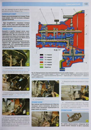 мер, при переходе на масло другой вязкости,
при ремонте коробки передач и т.д.).
ПОЛЕЗНЫЙ СОВЕТ ~
Сливать масло рекомендуется в течение 15 мин
после поездки, пока оно не остыло и обладает
хорошей текучестью.
Вам потребуются: торцовые головки
«на 8», «на 19», ключ-шестигранник «на 8»,
шприц, широкая емкость для слива масла
ПРИМЕЧАНИЯ
Заливайте в коробку передач масло, реко-
мендуемое заводом-изготовителем по спе-
цификации Рогй. При его отсутствии в каче-
стве заменителя можно использовать транс-
миссионные масла Са8*го1 или МоЬМ класса
качества АР1 С1.-4/ 5 5АЕ 80Л/-90.
Если автомобиль длительное время эксплуа-
тируется при температуре окружающего
воздуха ниже - 3 0 °С, рекомендуем заменить
залитое на заводе масло на трансмиссион-
ное масло 5АЕ 75УУ.
Рис. 6.5. Принципиальная схема пятиступенчатой механической коробки передач: 1 - задняя крышка картера ко-
робки передач; 2 - картер коробки передач; 3 - сапун; 4 - рабочий цилиндр гидропривода выключения сцепления;
5 - картер сцепления; 6 - подшипник выключения сцепления; 7 - первичный вал; 8 - вторичный вал; 9 - главная пе-
редача и дифференциал
На пробке маслосливного отверстия уста-
новлен магнит (показан на фото стрелкой).
1. Снимите брызговик двигателя (см. Сня-
тие и установка брызговика двигателя», с. 86)
и защиту картера двигателя при ее наличии.
3. Рекомендуем снять кожух механизма пе-
реключения передач, так как сливаемое
из коробки передач масло будет растекаться
внутри кожуха и потом, выливаясь из него, за-
грязнять рабочую зону Для этого выверните
три болта крепления кожуха
4. ...и снимите его.
П Р И М Е Ч А Н И Е
При наличии приспособления для сбора вы-
текающего масла (например, фигурной во-
ронки) кожух механизма переключения пе-
редач можно не снимать.
2 Снимите крышку кожуха механизма пере-
ключения передач (см «Замена тросов уп-
равления коробкой передач», с. 137).
П Р И М Е Ч А Н И Е
5. Выверните пробку маслосливного отвер-
стия...
6. ...предварительно подставив под отвер-
стие емкость, и слейте в нее масло. Подожди-
те, когда масло сольется полностью (не ме-
нее 15 мин), и заверните пробку
-1-я передача
- 2-я передача
- 3-я передача
-4-я передача
- 5-я передача
• Задний ход
 