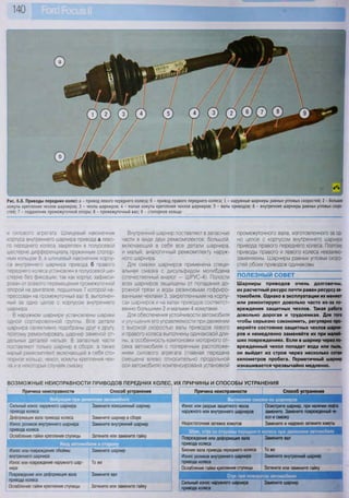 140
Рис. 6.8. Приводы передних колес: а - привод левого переднего колеса; б - привод правого переднего колеса; 1 - наружные шарниры равных угловых скоростей; 2 - большие
хомуты крепления чехлов шарниров; 3 - чехлы шарниров; 4 - малые хомуты крепления чехлов шарниров; 5 - валы приводов; 6 - внутренние шарниры равных угловых скоро-
стей; 7 - подшипник промежуточной опоры; 8 - промежуточный вал; 9 - стопорное кольцо
и силового агрегата. Шлицевый наконечник
корпуса внутреннего шарнира привода а лево-
го переднего колеса закреплен в полуосевой
шестерне дифференциала пружинным стопор-
ным кольцом 9, а шлицевый наконечник корпу-
са внутреннего шарнира привода б правого
переднего колеса установлен в полуосевой ше-
стерне без фиксации, так как корпус зафикси-
рован от осевого перемещения промежуточной
опорой на двигателе, подшипник 7 которой на-
прессован на промежуточный вал 8, выполнен-
ный за одно целое с корпусом внутреннего
шарнира.
В наружном шарнире установлены шарики
одной сортировочной группы. Все детали
шарнира селективно подобраны друг к другу,
поэтому ремонтировать шарнир заменой от-
дельных деталей нельзя. В запасные части
поставляют только шарнир в сборе, а также
малый ремкомплект, включающий в себя сто-
порное кольцо, чехол, хомуты крепления чех-
ла и в некоторых случаях смазку.
Внутренний шарнир поставляют в запасные
части в виде двух ремкомплектов: большой,
включающий в себя все детали шарнира,
и малый, аналогичный ремкомплекту наруж-
ного шарнира.
Для смазки шарниров применена специ-
альная смазка с дисульфидом молибдена
(отечественный аналог — ШРУС-4). Полости
всех шарниров защищены от попадания до-
рожной грязи и воды резиновыми гофриро-
ванными чехлами 3, закрепленными на корпу-
сах шарниров и на валах приводов соответст-
венно большими 2 и малыми 4 хомутами.
Для обеспечения устойчивости автомобиля
и улучшения его управляемости при движении
с высокой скоростью валы приводов левого
и правого колеса выполнены одинаковой дли-
ны, а особенность компоновки моторного от-
сека автомобиля с поперечным расположе-
нием силового агрегата (главная передача
смещена влево относительно продольной
оси автомобиля) компенсирована установкой
промежуточного вала, изготовленного за од-
но целое с корпусом внутреннего шарнира
привода правого переднего колеса. Поэтому
приводы правого и левого колеса невзаимо-
заменяемы. Шарниры равных угловых скоро-
стей обоих приводов одинаковы.
ПОЛЕЗНЫЙ СОВЕТ
Шарниры приводов очень долговечны,
их расчетный ресурс почти равен ресурсу ав-
томобиля. Однако в эксплуатации их меняют
или ремонтируют довольно часто из-за по-
вреждения защитных чехлов. Такая работа
довольно дорогая и трудоемкая. Для того
чтобы серьезно сэкономить, регулярно про-
веряйте состояние защитных чехлов шарни-
ров и немедленно заменяйте их при малей-
ших повреждениях. Если в шарнир через по-
врежденный чехол попадет вода или пыль,
он выйдет из строя через несколько сотен
километров пробега. Герметичный шарнир
изнашивается чрезвычайно медленно.
ВОЗМОЖНЫЕ НЕИСПРАВНОСТИ ПРИВОДОВ ПЕРЕДНИХ КОЛЕС,
Причина неисправности Способ устранения
Вибрация при движении автомобиля
Сильный износ наружного шарнира Замените изношенный шарнир
привода колеса
Деформация вала привода колеса Замените шарнир в сборе
Износ роликов внутреннего шарнира Замените внутренний шарнир
привода колеса
Ослабление гайки крепления ступицы Затяните или замените гайку
Увод автомобиля в сторону
Износ или повреждение обоймы Замените шарнир
внутреннего шарнира
Износ или повреждение наружного шар- То же
нира
Повреждение или деформация вала Замените вал
привода колеса
Ослабление гайки крепления ступицы Затяните или замените гайку
ПРИЧИНЫ И СПОСОБЫ УСТРАНЕНИЯ
Причина неисправности Способ устранения
Вытекание смазки из шарниров
Износ или разрыв защитного чехла
наружного или внутреннего шарниров
Недостаточная затяжка хомутов
Осмотрите шарнир, при наличии люфта
замените. Замените поврежденный че-
хол и смазку
Замените и надежно затяните хомуты
Шум, стук со стороны переднего колеса при движении автомобиля
Повреждение или деформация вала
привода колеса
Биение вала привода переднего колеса
Износ роликов внутреннего шарнира
привода колеса
Ослабление гайки крепления ступицы
Замените вал
Тоже
Замените внутренний шарнир
Затяните или замените гайку
Стук при поворотах автомобиля
Сильный износ наружного шарнира Замените шарнир
привода колеса
 