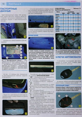 14
ПАСПОРТНЫЕ
ДАННЫЕ
Идентификационный номер (Л1М) автомо-
биля, модель двигателя, название завода-из-
готовителя, год выпуска и информация о сер-
тификации указаны в идентификационной
табличке...
...приклеенной к правой средней стойке ав-
томобиля.
Рис. 1.5. Идентификационная табличка: 1 - номер
одобрения типа транспортного средства России; 2 - за-
вод-изготовитель; 3 - знак соответствия сертификации;
4 - идентификационный номер автомобиля; 5 - полная
допустимая масса автомобиля; 6 - полная допустимая
масса автомобиля с прицепом; 7 - допустимая нагрузка
на переднюю ось автомобиля; 8 - допустимая нагрузка
на заднюю ось автомобиля
На рис. 1.5 показаны все приведенные
в идентификационной табличке сведения
об автомобиле.
...и на полу автомобиля со стороны перед-
него пассажира под шумоизоляцией. Для того
чтобы посмотреть номер, отогните вырезан-
ную часть шумоизоляции.
К О Д Ы М Е С Я Ц А
В Ы П У С К А А В Т О М О Б И Л Я
Таблица 1.2
Номер продублирован и на полу автомоби-
ля под подушкой заднего сиденья под ковро-
вым покрытием.
Месяц Год выпуска
2004 2005 2006 2007
Январь В ^ 1 с
Февраль В и V к
Март А м 5 й
Апрель 6 р Т Е
Май С в ь
Июнь К в и V
Июль й А м 5
Август Е с р Т
Сентябрь I. с в ^
Октябрь V к в и
Ноябрь 5 0 А м
Декабрь Т Е е р
С левой стороны на рамке ветрового окна
под панелью приборов отрывными заклепка-
ми прикреплена табличка, на которой про-
дублированы последние восемь знаков
идентификационного номера (У1Ы), указаны
цвета кузова и салона автомобиля, число
дверей.
Рис. 1.6. Расположение номера и обозначение моде-
ли бензиновых двигателей рабочим объемом 1,4
и 1,6 л (дроссельный узел для наглядности снят)
КЛЮЧИ АВТОМОБИЛЯ
К автомобилю прикладывают два ключа,
каждым из которых можно отпереть замки
дверей и включить зажигание.
Кроме того, идентификационный номер ав-
томобиля указан в левом нижнем углу проема
ветрового окна...
Расшифровка идентификационного номе-
ра, например Х9Р5ХХЕЕО56Ю0000
Х9Р — международный код завода-изгото-
вителя (завод в г Всеволожске);
5 - тип кузова (3 - трехдверный хэтчбек; 4 - се-
дан; 5 - пятидверный хэтчбек; А/ — универсал);
XX — константа;
Е — компания-производитель и страна
производства (РогО Мо!ог Сотрапу, Россия);
Е — код сборочного завода (завод во Все-
воложске);
Э — код модели (Росиз);
5 - ТИП кузова (3 - трехдверный хэтчбек; 4 - се-
дан; 5 - пятидверный хэтчбек; А/ — универсал);
6 - год выпуска (2006-й);
1_ — код месяца выпуска (табл. 1.2);
00000 - серийный номер.
Номер и обозначение модели бензиновых
двигателей рабочим объемом 1,4 и 1,6 л вы-
биты на приливе блока цилиндров за дрос-
сельным узлом (рис. 1.6).
Номер и обозначение модели бензиновых
двигателей рабочим объемом 2,0 л выбиты
на задней части блока цилиндров с левой сторо-
ны (по направлению движения автомобиля).
Номер и обозначение модели дизельных
двигателей рабочим объемом 1,8 л выбиты
на впускной трубе.
В комплект ключей автомобиля входят два
ключа и бирка с номером серии ключей.
П О Л Е З Н Ы Й С О В Е Т
Сохраните бирку: чтобы не менять замки в слу-
чае утери ключей, по их номеру на заводе-из-
готовителе можно заказать новые ключи.
Для того чтобы заблокировать замки всех
дверей автомобиля и крышки багажника (на
автомобилях с кузовом седан), нажмите
на кнопку 1. Для разблокирования замков на-
рокс.—^
ЮСС К11 МТ02 Е04365
Х9Р9ХХЕЕ056162929*'
1740®
0925.
.0986 
/ ОАЗ
 