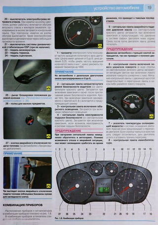 19
20 - выключатель электрообогрева ве-
трового стекла. При нажатии на кнопку (дви-
гатель должен работать) включается обогрев
ветрового стекла и жиклеров омывателя, од-
новременно в кнопке загорается контрольная
лампа. При повторном нажатии на кнопку
обогрев выключается Также электрообогрев
выключается автоматически через небольшой
промежуток времени.
21 - выключатель системы динамичес-
кой стабилизации Е5Р (при ее наличии).
22 - педаль акселератора.
23 - педаль тормоза.
24 - педаль сцепления.
25 - рычаг блокировки положения ру-
левой колонки (см. «Регулировка положения
рулевого колеса», с. 26).
26 - полка для мелких предметов.
г • , д м з д ц р
а "
гДьтЧ, ^
шмы
27 - кнопка аварийного отключения по-
дачи топлива (на автомобилях с бензиновы-
ми двигателями).
ПРИМЕЧАНИЕ
Так выглядит кнопка аварийного отключения
подачи топлива(облицовка боковины кузова
для наглядности снята).
КОМБИНАЦИЯ ПРИБОРОВ
Расположение приборов и сигнализаторов
в комбинации приборов показано на рис 1 8
В комбинации приборов установлены сле-
д о -> и ОИГМЯПИЧЯТППЫ
1 - тахометр электронного типа показыва-
ет частоту вращения коленчатого вала двига-
теля. Шкала имеет деления от 0 до 8, цена де-
ления 0,25. чтобы узнать частоту вращения
коленчатого вала в мин нужно умножить по-
казания тахометра на 1000.
ПРИМЕЧАНИЕ
На автомобилях с дизельным двигателем
шкала проградуирована от 0 до 6.
2 - сигнальная лампа непристегнутого
ремня безопасности водителя (со свето-
фильтром красного цвета). Загорается при
включении зажигания и гаснет после присте-
гивания ремня безопасности водителя. Кро-
ме того, при включении зажигания одновре-
менно с лампой на 4-8 с включается и преду-
преждающий зуммер.
3 - контрольная лампа включения габа-
ритного освещения. Загорается при вклю-
чении габаритного освещения.
4 - сигнальная лампа неисправности
подушки безопасности (со светофильтром
красного цвета). Загорается при включении
зажигания, если возникла неисправность
в системе подушки безопасности.
ПРЕДУПРЕЖДЕНИЕ
При загорании сигнальной лампы немед-
ленно обратитесь в автосервис. Помимо
возможного отказа в аварийной ситуации,
она может неожиданно сработать во время
движения, что приведет к тяжелым послед
ствиям.
5 - сигнальная лампа аварийного паде-
ния давления масла (со светофильтром
красного цвета) загорается при включении
зажигания и предупреждает, что давление
в системе смазки двигателя ниже нормы.
Сразу после пуска двигателя лампа должна
погаснуть.
ПРЕДУПРЕЖДЕНИЕ
Движение автомобиля с горящей лампой за-
прещается, так как приведет к поломке дви-
гателя.
6 - контрольная лампа включения ле-
вого указателя поворота (в виде стрелки
со светофильтром зеленого цвета) загорает-
ся мигающим светом при включении левого
указателя поворота (синхронно с ним). Мига-
ние контрольной лампы с удвоенной частотой
свидетельствует о перегорании лампы в ка-
ком-либо указателе левого поворота.
7 - указатель температуры охлаждаю-
щей жидкости в системе охлаждения двига-
теля. Красная зона предупреждает о перегре-
ве двигателя. Если стрелка перешла в красную
зону, следует остановиться, дать двигателю
остыть и устранить причину перегрева.
8 - контрольная лампа иммобилиза-
тора.
 