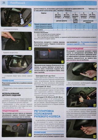 26
ДОПУСТИМОСТЬ УСТАНОВКИ ДЕТСКИХ СИДЕНИЙ В ЗАВИСИМОСТИ
ОТ ВЕСОВОЙ КАТЕГОРИИ (ВЕС, ВОЗРАСТ РЕБЕНКА)
Таблица 1.3
.и откиньте ее вперед.
Нажмите на фиксатор.
Подголовник должен быть в крайнем нижнем
положении.
Сиденье 0 0+ I II III
(до Юкг, (до 13 кг, (9-18 кг, (15-25 кг, (22-36 кг,
примерно примерно примерно примерно примерно
0 - 9 мес.) 0 - 1 8 мес.) 9 мес. - 3 - 6 лет) 6 - 1 2 лет)
4 года)
детская кроватка детское дополнительная
кресло подушка
Переднее пассажирское сиденье:
подушка безопасности включена - - + * + * + *
подушка безопасности выключена + + + + +
Заднее сиденье + + + + +
Условные обозначения:
«-» - место не пригодно для установки сиденья;
«+» - место пригодно для установки сиденья;
«+*» - место пригодно для установки сиденья, но перевозить детей рекомендуется с использованием соответст-
вующих устройств на заднем сиденье.
Выключатель находится в правом верхнем
углу вещевого ящика. Подушка отключается
ключом автомобиля.
^ШШи^ы^^,
н «4 1
0
Е
...и опустите левую часть спинки сиденья
вниз.
ПРИМЕЧАНИЕ
Правую часть спинки сиденья сложите ана-
логично.
ИСПОЛЬЗОВАНИЕ
ДЕТСКИХ СИДЕНИЙ
Согласно требованиям Правил дорожного
движения детей до 12 лет необходимо пере-
возить в специальных детских сиденьях.
Информацию о типах детских сидений
и местах в автомобиле, на которые они могут
быть установлены, см. в табл. 1.3.
ПРЕДУПРЕЖДЕНИЕ
При установке детского кресла на переднее
пассажирское сиденье отключите подушку
безопасности пассажира (при ее наличии).
При выключении подушки безопасности пас-
сажира на панели приборов загорится сиг-
нальная лампа отключения подушки безо-
пасности (место, где находится лампа, пока-
зано стрелкой).
Категории 0 и 0+ (до 13 кг)
Шея двухлетнего ребенка очень хрупкая.
Перевозите детей в сиденьях корзиночного
типа, установленных против направления
движения. В этом положении обеспечива-
ется максимальная безопасность ребенка.
Категория I (9-18 кг)
Для перевозки детей от 2 до 4 лет исполь-
зуйте охватывающее сиденье, которое позво-
ляет поддерживать ребенка с помощью спе-
циального детского ремня безопасности или
специальной упругой подушки.
Категории II (15-25 кг) и III (22-36 кг)
Для детей младше 12 лет используйте дет-
ское сиденье в виде подушки с направляющи-
ми для ремней, обеспечивающими скольже-
ние ремня безопасности по бедрам ребенка
без перекручивания.
РЕГУЛИРОВКА
ПОЛОЖЕНИЯ
РУЛЕВОГО КОЛЕСА
На автомобиль установлена рулевая колон-
ка, регулируемая по вылету и углу наклона.
Перед поездкой отрегулируйте положение ру-
левого колеса так, чтобы было удобно управ-
лять автомобилем и были хорошо видны при-
боры в комбинации.
ПРИМЕЧАНИЕ
Рекомендуем регулировать положение руле-
вого колеса после установки сиденья в удоб-
ное положение (см. «Регулировка положения
передних сидений», с. 24).
ПРЕДУПРЕЖДЕНИЕ
Регулируйте положение рулевого колеса
только на неподвижном автомобиле. Если
при попытке регулировки в движении нечет-
ко зафиксировать рулевую колонку и она не-
ожиданно переместится, вы можете поте-
рять контроль над автомобилем.
1
/ 4 _ (
Ц 0
Б -<
Для регулировки разблокируйте рулевую
колонку, подняв рычаг вверх...
...отрегулируйте положение рулевого коле-
са по углу наклона и вылету таким образом,
чтобы были видны все приборы в комбинации
приборов, а руки на рулевом колесе находи-
лись в наиболее удобном положении...
 