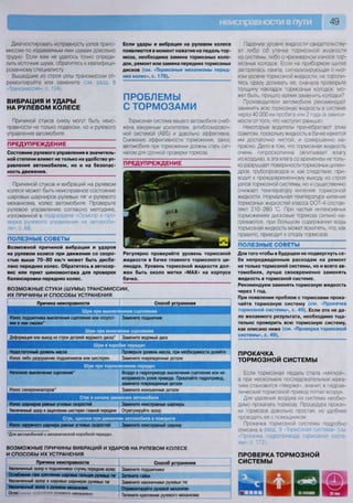 49
Диагностировать исправность узлов транс-
миссии по издаваемым ими шумам довольно
трудно. Если вам не удалось точно опреде-
лить источник шума, обратитесь к квалифици-
рованному специалисту.
Вышедшие из строя узлы трансмиссии от-
ремонтируйте или замените (см. разд 6
«Трансмиссия», с. 124).
ВИБРАЦИЯ И УДАРЫ
НА РУЛЕВОМ КОЛЕСЕ
Причиной стуков снизу могут быть неис-
правности не только подвески, но и рулевого
управления автомобиля.
ПРЕДУПРЕЖДЕНИЕ
Состояние рулевого управления в значитель-
ной степени влияет не только на удобство уп-
равления автомобилем, но и на безопас-
ность движения.
Причиной стуков и вибраций на рулевом
колесе может быть неисправное состояние
шаровых шарниров рулевых тяг и рулевого
механизма, колес автомобиля. Проверьте
рулевое управление согласно методике,
изложенной в подразделе «Осмотр и про-
верка рулевого управления на автомоби-
ле», с. 68.
ПОЛЕЗНЫЕ СОВЕТЫ
Возможной причиной вибрации и ударов
на рулевом колесе при движении со скоро-
стью выше 7 0 - 8 0 км/ч может быть дисба-
ланс передних колес. Обратитесь в автосер-
вис или пункт шиномонтажа для проверки
балансировки передних колес.
Если удары и вибрация на рулевом колесе
появляются в момент нажатия на педаль тор-
моза, необходима замена тормозных коло-
док, ремонт или замена передних тормозных
дисков (см. «Тормозные механизмы перед-
них колес», с. 179).
ПРОБЛЕМЫ
С ТОРМОЗАМИ
Тормозная система вашего автомобиля снаб-
жена вакуумным усилителем, антиблокировоч-
ной системой (АВЗ) и довольно эффективна.
Снижение эффективности торможения, занос
автомобиля при торможении должны стать сиг-
налом для срочной проверки тормоза.
ПРЕДУПРЕЖДЕНИЕ
Регулярно проверяйте уровень тормозной
жидкости в бачке главного тормозного ци-
линдра. Уровень тормозной жидкости дол-
жен быть около метки «МАХ» на корпусе
бачка.
Падение уровня жидкости свидетельству-
ет либо об утечке тормозной жидкости
из системы, либо о чрезмерном износе тор-
мозных колодок. Если на приборном щитке
загорелась лампа, сигнализирующая о низ-
ком уровне тормозной жидкости, не торопи-
тесь сразу доливать ее, сначала проверьте
толщину накладок тормозных колодок мо-
жет быть, пришло время заменить колодки?
Производители автомобиля рекомендуют
заменять всю тормозную жидкость в системе
через 40 ООО км пробега или 2 года (в зависи-
мости от того, что наступит раньше).
Некоторые водители пренебрегают этим
советом, поскольку жидкость в бачке кажется
им достаточно чистой, и совершенно на-
прасно. Дело в том, что тормозная жидкость
очень гигроскопична (впитывает влагу
из воздуха), а эта влага со временем не толь-
ко разрушает поверхности тормозных цилин-
дров, трубопроводов и, как следствие, при-
водит к преждевременному выходу из строя
узлов тормозной системы, но и существенно
снижает температуру кипения тормозной
жидкости. Нормальная температура кипения
тормозных жидкостей класса ЭОТ-4 состав-
ляет 210-260 °С. При частых интенсивных
торможениях дисковые тормоза сильно на-
греваются, при большом содержании воды
тормозная жидкость может вскипеть, что, как
правило, приводит к отказу тормозов.
ПОЛЕЗНЫЕ СОВЕТЫ
Для того чтобы в будущем не подвергнуть се-
бя непредвиденным расходам на ремонт
не только тормозной системы, но и всего ав-
томобиля, лучше своевременно заменять
жидкость в тормозной системе.
Рекомендуем заменять тормозную жидкость
через 1 год.
При появлении проблем с тормозами прока-
чайте тормозную систему (см. «Прокачка
тормозной системы», с. 49). Если это не да-
ло желаемого результата, необходимо тща-
тельно проверить всю тормозную систему,
как описано ниже (см. «Проверка тормозной
системы», с. 49).
ПРОКАЧКА
ТОРМОЗНОЙ СИСТЕМЫ
Если тормозная педаль стала «мягкой»,
а при нескольких последовательных нажа-
тиях становится «тверже», значит, в гидрав-
лический тормозной привод попал воздух
Для удаления воздуха из системы необхо-
димо прокачать тормоза. Процедура прокач-
ки тормозов довольно простая, но удобнее
проводить ее с помощником
Прокачка тормозной системы подробно
описана в разд 9 <•Тормозная система» (см
«Прокачка гидропривода тормозной систе-
мы», с. 172).
ПРОВЕРКА ТОРМОЗНОЙ
СИСТЕМЫ
ВОЗМОЖНЫЕ СТУКИ (ШУМЫ) ТРАНСМИССИИ,
ИХ ПРИЧИНЫ И СПОСОБЫ УСТРАНЕНИЯ
Причина неисправности Способ устранения
Шум при выключенном сцеплении
Износ подшипника выключения сцепления или отсутст-
вие в нем смазки*
Замените подшипник
Шум при включении сцепления
Деформация или выход из строя деталей ведомого диска* Замените ведомый диск
Шум в коробке передач
Недостаточный уровень масла Проверьте уровень масла, при необходимости долейте
Износ либо разрушение подшипников или шестерен Замените поврежденные детали
Шум при переключении передач
Неполное выключение сцепления* Воздух в гидроприводе выключения сцепления или не-
исправность узлов привода. Прокачайте гидропривод,
замените поврежденные детали
Износ синхронизаторов* Замените изношенные детали
Стук в начале движения автомобиля
Износ шарниров равных угловых скоростей Замените неисправные шарниры
Увеличенный зазор в зацеплении шестерен главной передачи Отрегулируйте зазор
Стук, щелчки при движении автомобиля в повороте
Износ наружного шарнира равных угловых скоростей Замените неисправный шарнир
'Для автомобилей с механической коробкой передач.
ВОЗМОЖНЫЕ ПРИЧИНЫ ВИБРАЦИЙ И УДАРОВ НА РУЛЕВОМ КОЛЕСЕ
И СПОСОБЫ ИХ УСТРАНЕНИЯ
Причина неисправности
Увеличенный зазор в подшипниках ступиц передних колес
Ослабление гаек крепления шаровых пальцев рулевых тяг
Увеличенный зазор в шаровых шарнирах рулевых тяг
Увеличенный зазор в рулевом механизме
Осла >••!?? ио.днитп
Способ устранения
Замените подшипники
Затяните гайки
Замените наконечники рулевых тяг
Отремонтируйте рулевой механизм
Затяните крепление рулевого механизма в ш п • • в с я е о Р
 