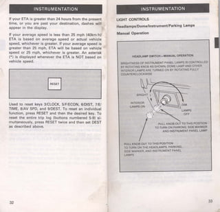 INSTRUMENTATION 
If your ETA is greater than 24 hours from the present 
time, or you are past your destination, dashes will 
appear in the display. 
If your average speed is less than 25 mph (40km/ h) 
ETA is based on average speed or actual vehicle 
speed, whichever is greater. If your average speed is 
greater than 25 mph, ETA will be based on vehicle 
speed or 25 mph, whichever is greater. An asterisk 
(*) is displayed whenever the ETA is NOT based on 
vehicle speed. 
I RESET I 
Used to reset keys 3/CLOCK, 5/F/ECON, 6/DIST, 7/E/ 
TIME, 8/AV SPD, and 9/DEST. To reset an individual 
function, press RESET and then the desired key. To 
reset the entire trip log (buttons numbered 5-9) si­multaneously, 
press RESET twice and then set DEST 
as described above. 
32 
INSTRUMENTATION 
LIGHT CONTROLS 
Headlamps/Dome/lnstrument/Parking Lamps 
Manual Operation 
HEADLAMP SWITCH-MANUAL OPERATION 
BRIGHTNESS OF INSTRUMENT PANEL LAMPS IS CONTROLLED 
BY ROTATING KNOB AS SHOWN. DOME LAMP AND OTHER 
INTERIOR LAMPS ARE TURNED ON BY ROTATING FULLY 
COUNTERCLOCKWISE 
INTE:~~:H' _ ~.- . -' DIM 
LAMPS ON  ."'9:r·---..:=::::::~ 
/<~:~ LAMPS 
./-- .::'( OFF } I PULL KNOB OUT TO THIS POSITION 
TO TURN ON PARKING, SIDE MARKER 
AND INSTRUMENT PANEL LAMP 
PULL KNOB OUT TO THIS POSITION 
TO TURN ON THE HEADLAMPS, PARKING, 
SIDE MARKER, AND INSTRUMENT PANEL 
LAMPS 
33 
 