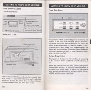 GETTING TO KNOW YOUR VEHICLE 
DOOR HANDlES/lOCKS 
Outside Door locks 
ib ;:==:==::::::::;~ LOCK._. (/ 
LPITEFONT ~)1 IDJI ~~~~~~~;KEY LOCK 
O 
,_ -~ To Open-insert square 
DOOR HANDLE key-turn to front of vehicle 
....... FRONT OF VEHICLE 
Inside Door locks 
DRIVER'S DOOR 
To Lock-insert square 
key-turn to rear of vehicle 
FRONT DOOR LOCK 
/ 
/ 
/ 
/I 
·z J/-_ 
FRONT. 
- 
The inside door handles are located on the side door 
trim panels. To operate the handles, pull inward to­ward 
you. Pulling the inside door handles will auto­matically 
release only the front door locks. 
100 
GETTING TO KNOW YOUR VEHICLE 
Power Door locks 
...... --LOCK 
__ ,.,...,. UNLOCK 
FRONT--1)1111.. . 
The switches which control the power door locks are I located in the front seat armrests. To lock all doors, 
pull either door lock switch rearward. To unlock all 
doors, push either door lock switch forward. If you 
close the doors with power door locks engaged, the 
doors will remain locked. The manual door locks will 
override the power controls in case the power mech­anism 
should ever fail. 
Keyless Entry System 
This system is designed to allow locking or unlocking 
of the vehicle's doors and trunk lid without using a 
key. 
When the vehicle doors are fully closed, the ignition 
lock cylinder is in the ON position, the driver's seat is 
occupied or a heavy object is placed.on the driver's 
seat, and the transmission is shifted through (R) RE­VERSE, 
all of the doors will lock. 
101 
 