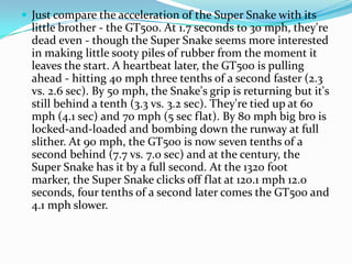  Just compare the acceleration of the Super Snake with its
  little brother - the GT500. At 1.7 seconds to 30 mph, they're
  dead even - though the Super Snake seems more interested
  in making little sooty piles of rubber from the moment it
  leaves the start. A heartbeat later, the GT500 is pulling
  ahead - hitting 40 mph three tenths of a second faster (2.3
  vs. 2.6 sec). By 50 mph, the Snake's grip is returning but it's
  still behind a tenth (3.3 vs. 3.2 sec). They're tied up at 60
  mph (4.1 sec) and 70 mph (5 sec flat). By 80 mph big bro is
  locked-and-loaded and bombing down the runway at full
  slither. At 90 mph, the GT500 is now seven tenths of a
  second behind (7.7 vs. 7.0 sec) and at the century, the
  Super Snake has it by a full second. At the 1320 foot
  marker, the Super Snake clicks off flat at 120.1 mph 12.0
  seconds, four tenths of a second later comes the GT500 and
  4.1 mph slower.
 