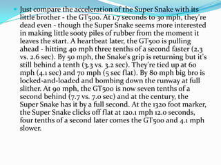 ? Just compare the acceleration of the Super Snake with its
  little brother - the GT500. At 1.7 seconds to 30 mph, they're
  dead even - though the Super Snake seems more interested
  in making little sooty piles of rubber from the moment it
  leaves the start. A heartbeat later, the GT500 is pulling
  ahead - hitting 40 mph three tenths of a second faster (2.3
  vs. 2.6 sec). By 50 mph, the Snake's grip is returning but it's
  still behind a tenth (3.3 vs. 3.2 sec). They're tied up at 60
  mph (4.1 sec) and 70 mph (5 sec flat). By 80 mph big bro is
  locked-and-loaded and bombing down the runway at full
  slither. At 90 mph, the GT500 is now seven tenths of a
  second behind (7.7 vs. 7.0 sec) and at the century, the
  Super Snake has it by a full second. At the 1320 foot marker,
  the Super Snake clicks off flat at 120.1 mph 12.0 seconds,
  four tenths of a second later comes the GT500 and 4.1 mph
  slower.
 