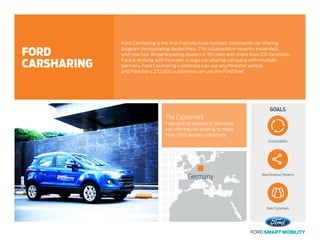 GOALS
The Experiment
Ford and its dealers in Germany
are offering car-sharing to more
than 1,100 dealer customers.
Ford Carsharing is the first manufacturer-backed, nationwide car-sharing
program incorporating dealerships. The collaboration recently expanded,
and now has 39 participating dealers in 55 cities with more than 100 locations.
Ford is working with Flinkster, a large car-sharing company with multiple
partners. Ford Carsharing customers can use any Flinkster vehicle,
and Flinkster’s 270,000 customers can use the Ford fleet.
FORD
CARSHARING
Germany
Sustainability
New Revenue Streams
New Customers
 