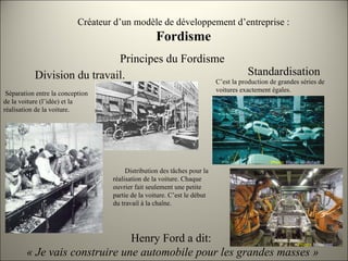 Créateur d’un modèle de développement d’entreprise :  Fordisme Principes du Fordisme Division du travail. Séparation entre la conception de la voiture (l’idée) et la réalisation de la voiture. Distribution des tâches pour la réalisation de la voiture. Chaque ouvrier fait seulement une petite partie de la voiture. C’est le début du travail à la chaîne. C’est la production de grandes séries de voitures exactement égales. Henry Ford a dit:  « Je vais construire une automobile pour les grandes masses » Standardisation Photo:  Roger Wollstadt Photo:  Mixabest 
