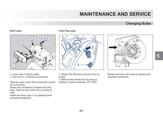 5
MAINTENANCE AND SERVICE
Roof Lamp
1- Lamp case 3- Bottom plate
2- Top cover 4- Connector and harness
Take the upper cover off by removing 2 screws
(5) on the lamp.
Detach the connectors (4) behind the lamp
case. Take the lamp body off by removing 2
nuts.
Install new lamp case (1) by applying same
procedure backwards.
Front Fog Lamp
1- Detach the electrical connector from its
socket.
2- Remove the socket from fog lamp by
rotating it counter-clockwise. (H1-70W)
Remove the bulb and renew by applying the
procedure backwards.
Changing Bulbs
201
 