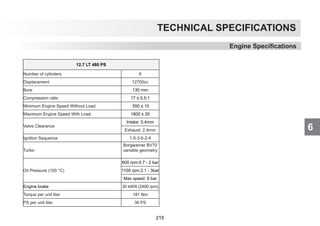 6
TECHNICAL SPECIFICATIONS
Engine Specifications
12.7 LT 480 PS
Number of cylinders 6
Displacement 12700cc
Bore 130 mm
Compression ratio 17 ± 0,5:1
Minimum Engine Speed Without Load 550 ± 10
Maximum Engine Speed With Load: 1800 ± 20
Valve Clearance
Intake: 0.4mm
Exhaust: 2.4mm
Ignition Sequence 1-5-3-6-2-4
Turbo
Borgwarner BV70
variable geometry
Oil Pressure (100 °C)
600 rpm:0.7 - 2 bar
1100 rpm:2.1 - 3bar
Max speed: 6 bar
Engine brake 30 kW/lt (2400 rpm)
Torque per unit liter 181 Nm
PS per unit liter 36 PS
215
 