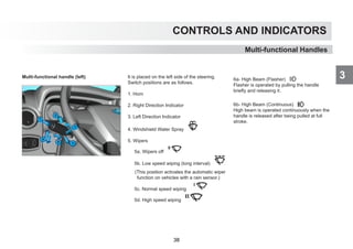 CONTROLS AND INDICATORS
3
Multi-functional handle (left) It is placed on the left side of the steering.
Switch positions are as follows.
1. Horn
2. Right Direction Indicator
3. Left Direction Indicator
4. Windshield Water Spray
5. Wipers
5a. Wipers off
5b. Low speed wiping (long interval)
(This position activates the automatic wiper
function on vehicles with a rain sensor.)
5c. Normal speed wiping
5d. High speed wiping
6a- High Beam (Flasher)
Flasher is operated by pulling the handle
briefly and releasing it.
6b- High Beam (Continuous)
High beam is operated continuously when the
handle is released after being pulled at full
stroke.
Multi-functional Handles
38
 