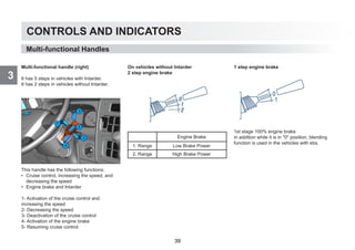 CONTROLS AND INDICATORS
3
Multi-functional handle (right)
It has 5 steps in vehicles with Intarder.
It has 2 steps in vehicles without Intarder.
This handle has the following functions:
• Cruise control, increasing the speed, and
decreasing the speed
• Engine brake and Intarder
1- Activation of the cruise control and
increasing the speed
2- Decreasing the speed
3- Deactivation of the cruise control
4- Activation of the engine brake
5- Resuming cruise control
On vehicles without Intarder
2 step engine brake
Engine Brake
1. Range Low Brake Power
2. Range High Brake Power
1 step engine brake
1st stage 100% engine brake
in addition while it is in 0 position, blending
function is used in the vehicles with ebs.
Multi-functional Handles
39
 