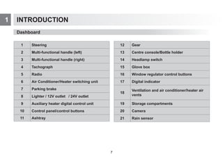 1 INTRODUCTION
Dashboard
1 Steering
2 Multi-functional handle (left)
3 Multi-functional handle (right)
4 Tachograph
5 Radio
6 Air Conditioner/Heater switching unit
7 Parking brake
8 Lighter / 12V outlet
9 Auxiliary heater digital control unit
10 Control panel/control buttons
11 Ashtray
12 Gear
13 Centre console/Bottle holder
14 Headlamp switch
15 Glove box
16 Window regulator control buttons
17 Digital indicator
18
Ventilation and air conditioner/heater air
vents
19 Storage compartments
20 Camera
21 Rain sensor
/ 2V outlet
7
 